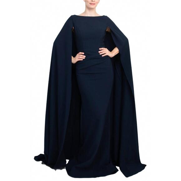 JOVANI Dresses & Skirts - NEW JOVANI women's boat neck cape evening with zipper closure crepe gown in navy